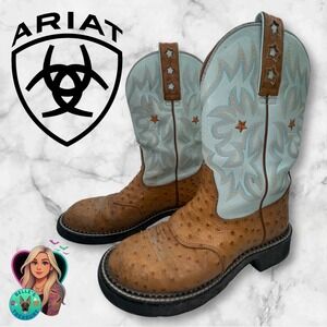 Ariat Boots Women's 6.5B Fatbaby Baby Blue Cognac Ostrich Style 16729 Cowgirl